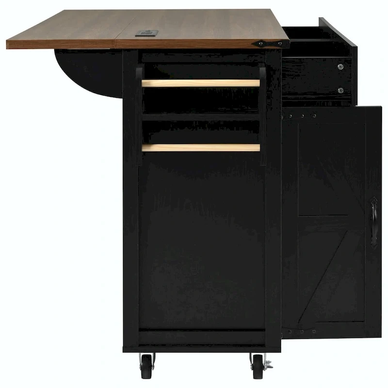 53.5 Farmhouse Kitchen Island - Power Outlet, Drop Leaf, Spice Rack, Drawer, Rolling Cart on Wheels