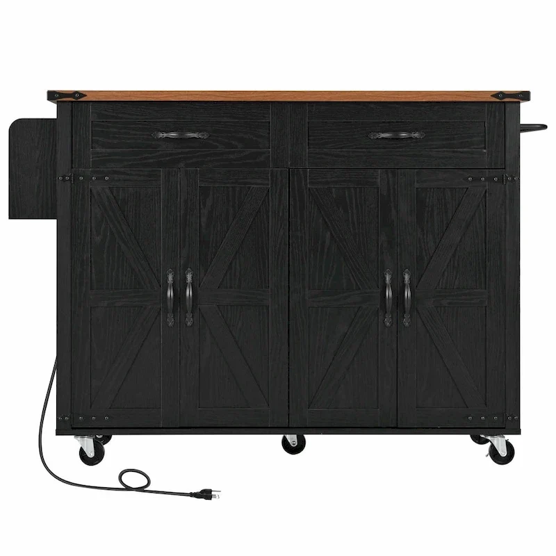 53.5 Farmhouse Kitchen Island - Power Outlet, Drop Leaf, Spice Rack, Drawer, Rolling Cart on Wheels
