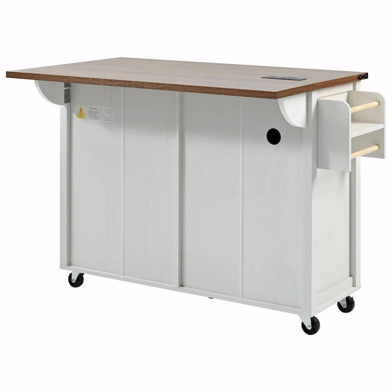 53.5 Farmhouse Kitchen Island - Power Outlet, Drop Leaf, Spice Rack, Drawer, Rolling Cart on Wheels