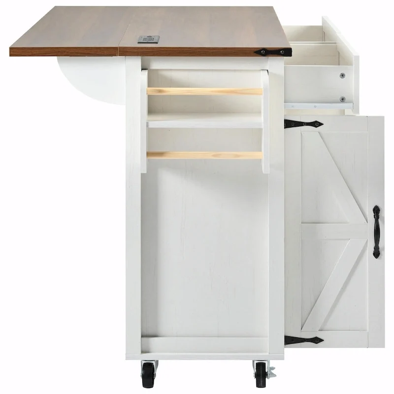 53.5 Farmhouse Kitchen Island - Power Outlet, Drop Leaf, Spice Rack, Drawer, Rolling Cart on Wheels