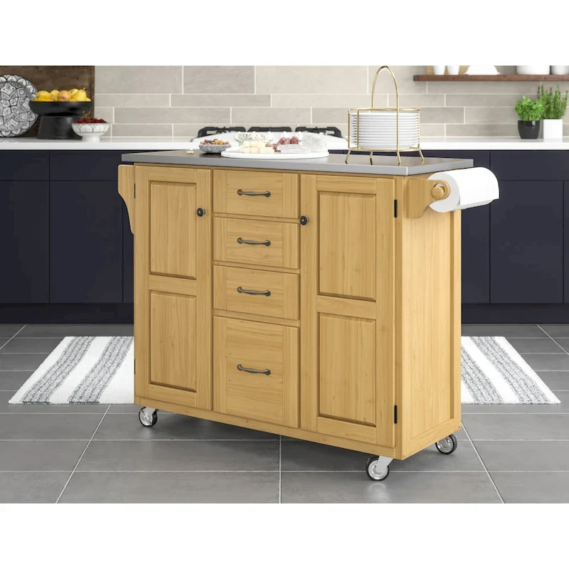 Copper Grove Puff Island Natural Finish Black Granite Top Kitchen Cart