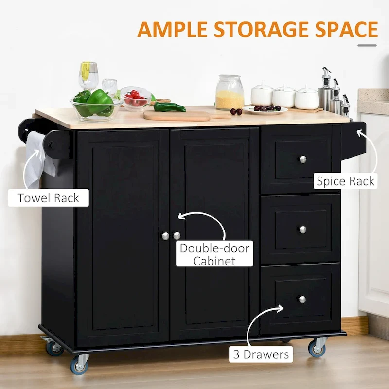 Mobile Kitchen Island with Drop Leaf, Storage Trolley Cart on Wheels, Towel/Spice Rack, 3 Drawers, 2-Door Cabinet