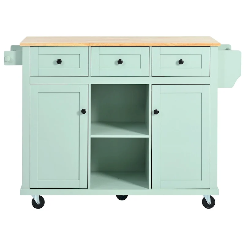 Kitchen Cart with Rubber wood Drop-Leaf Countertop ,Kitchen Island on 5 Wheels with Storage Cabinet and 3 Drawers