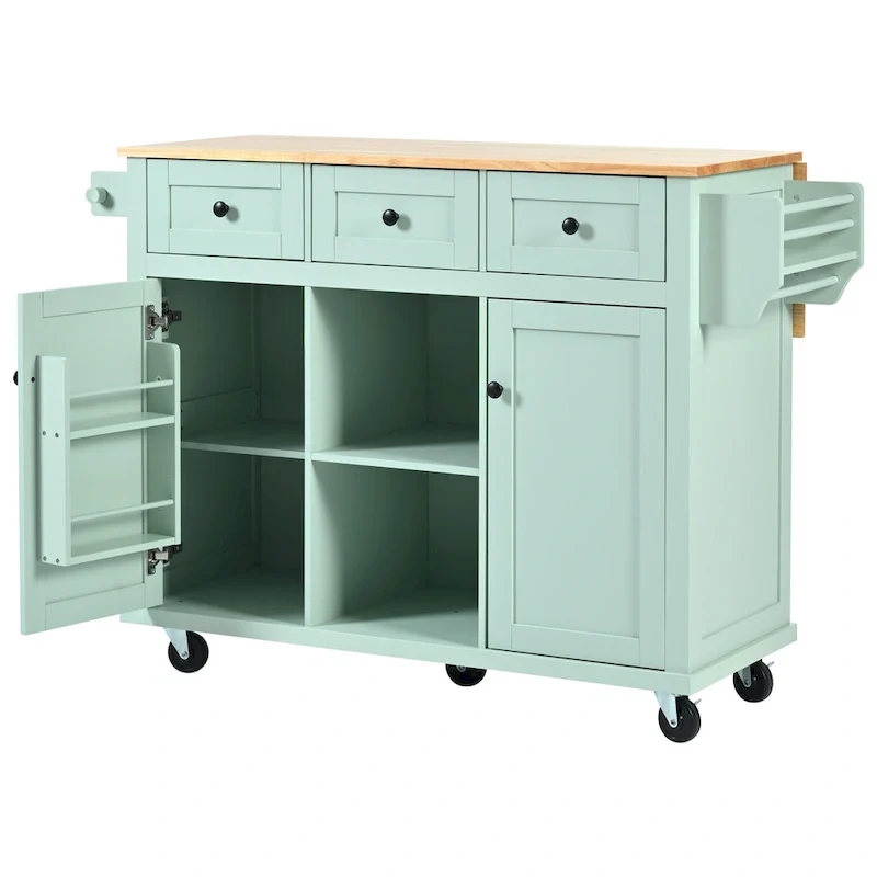 Kitchen Cart with Rubber wood Drop-Leaf Countertop ,Kitchen Island on 5 Wheels with Storage Cabinet and 3 Drawers