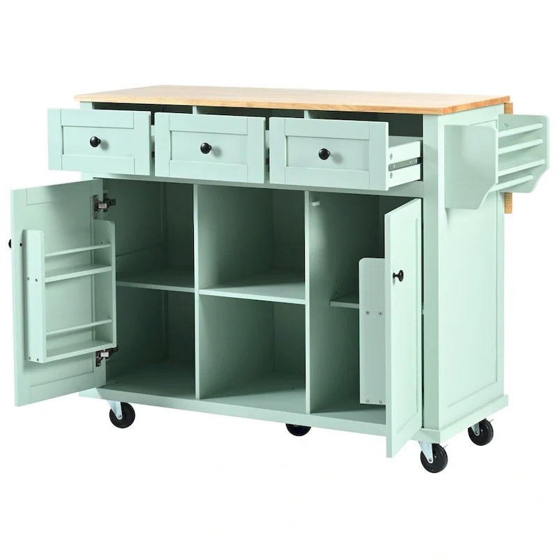 Kitchen Cart with Rubber wood Drop-Leaf Countertop ,Kitchen Island on 5 Wheels with Storage Cabinet and 3 Drawers