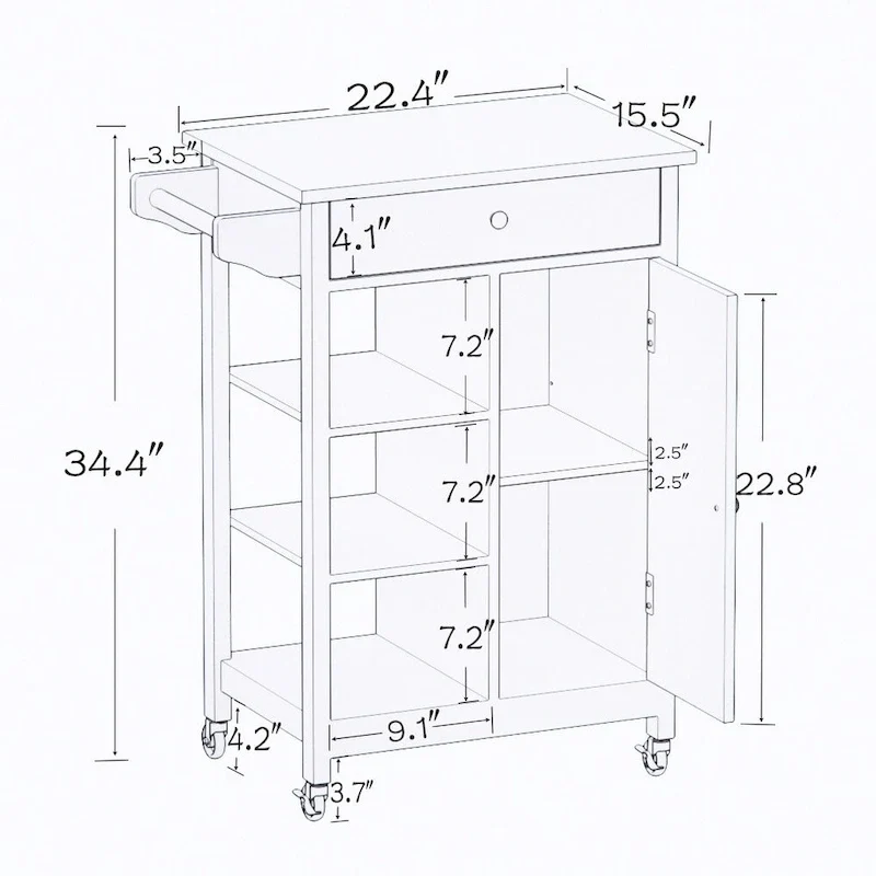 Kitchen Island Rolling Cart with Adjustable Shelves and Towel Rack, Rubberwood Top