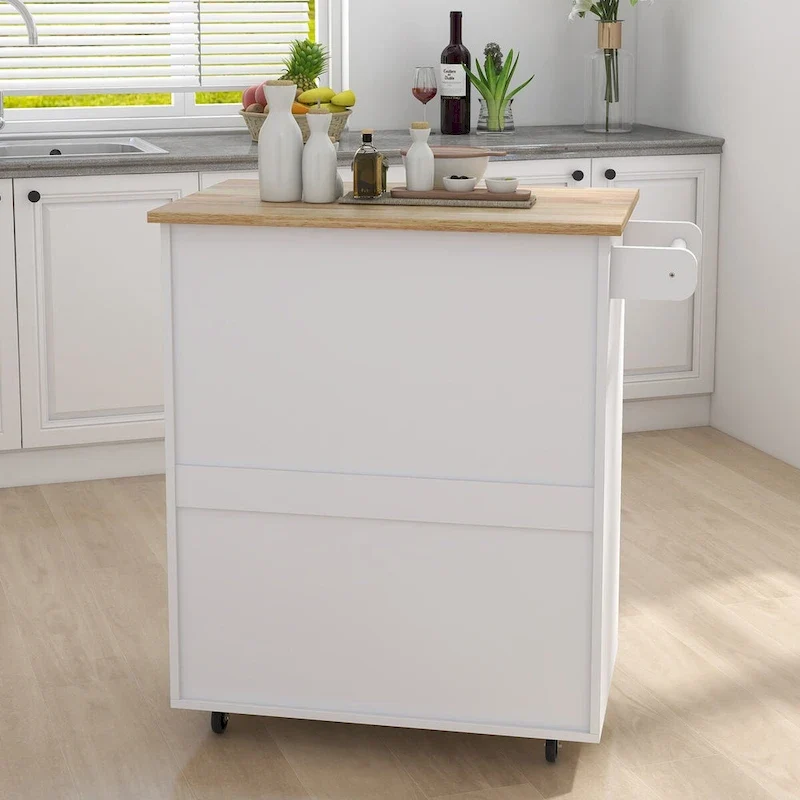 Kitchen Island Rolling Cart with Adjustable Shelves and Towel Rack, Rubberwood Top