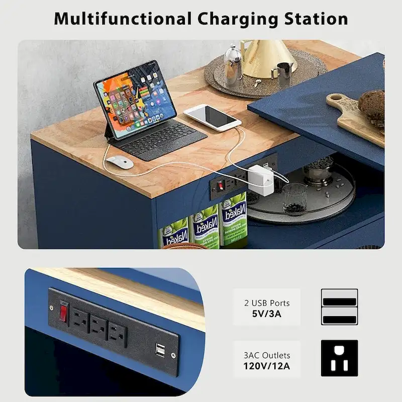 Kitchen Island Cart with Extended Table and Power Outlets
