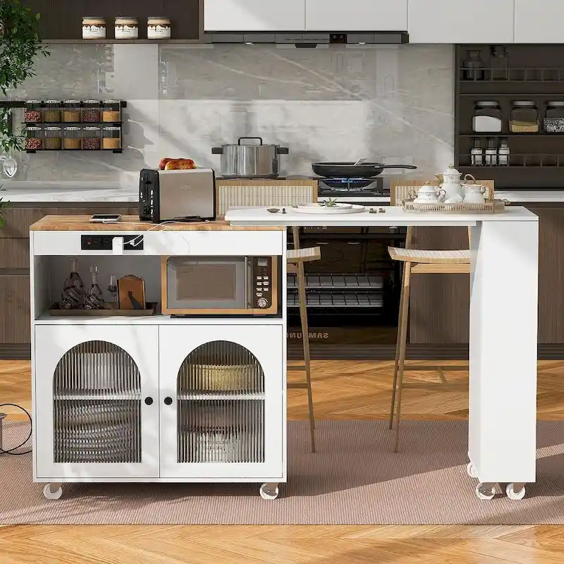 Kitchen Island Cart with Extended Table and Power Outlets