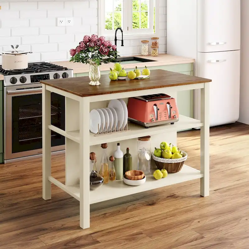 Solid Wood Rustic 45 in Kitchen Island with Butcher Block Top, 2 Shelves, Walnut and Cream White