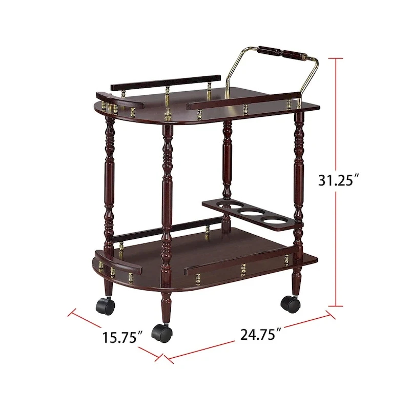 2-Tier Serving Cart with Casters in Merlot and Brass