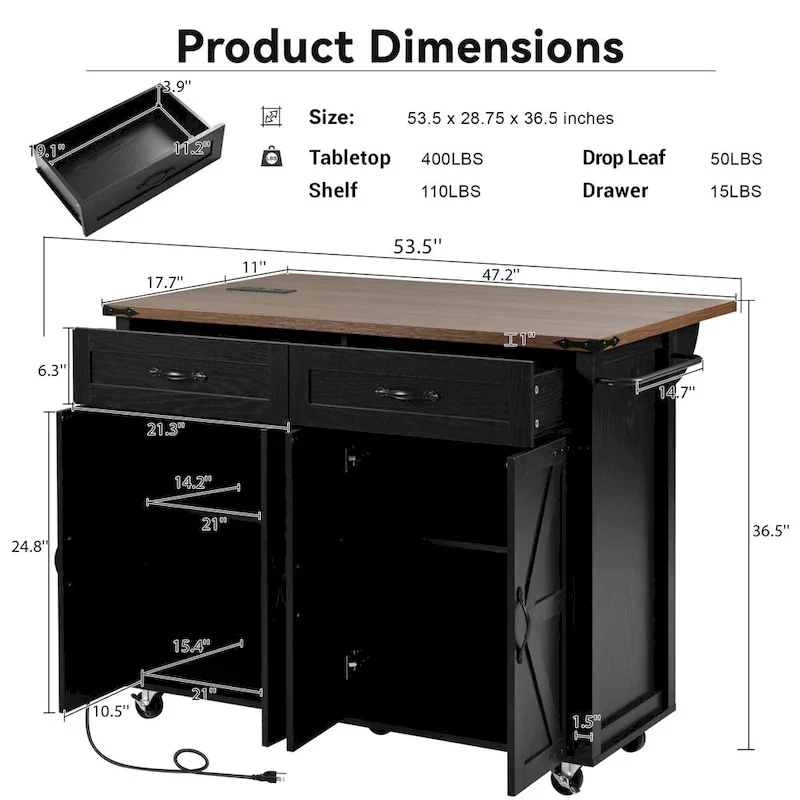 53.5 Farmhouse Kitchen Island with Power Outlet