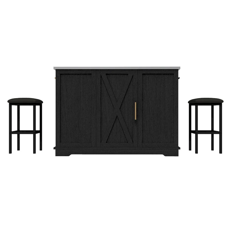 Moasis Rolling Kitchen Island with Trash Can Storage Cabinet and 2 Bar Stools