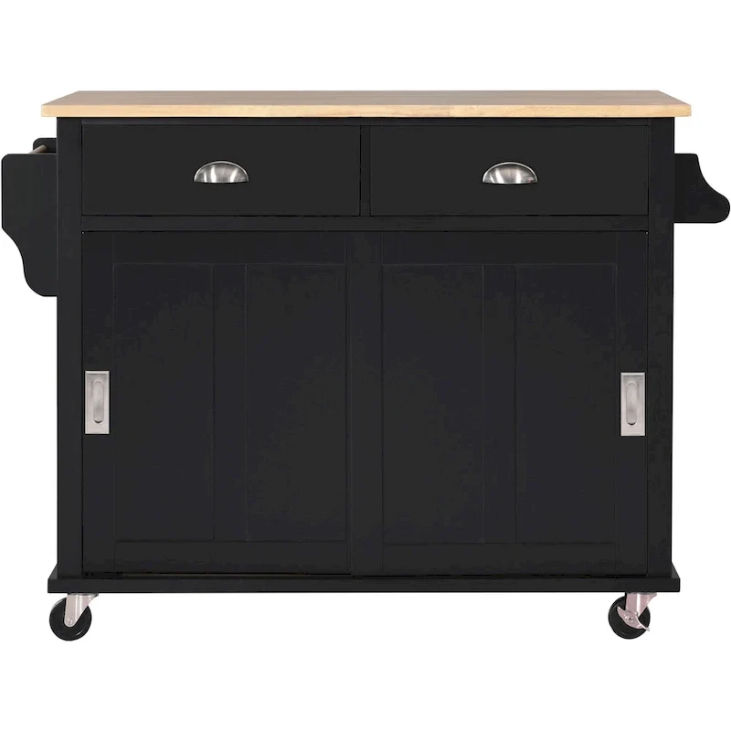 Kitchen Cart with Rubber wood Drop-Leaf Countertop, Concealed sliding barn door adjustable height