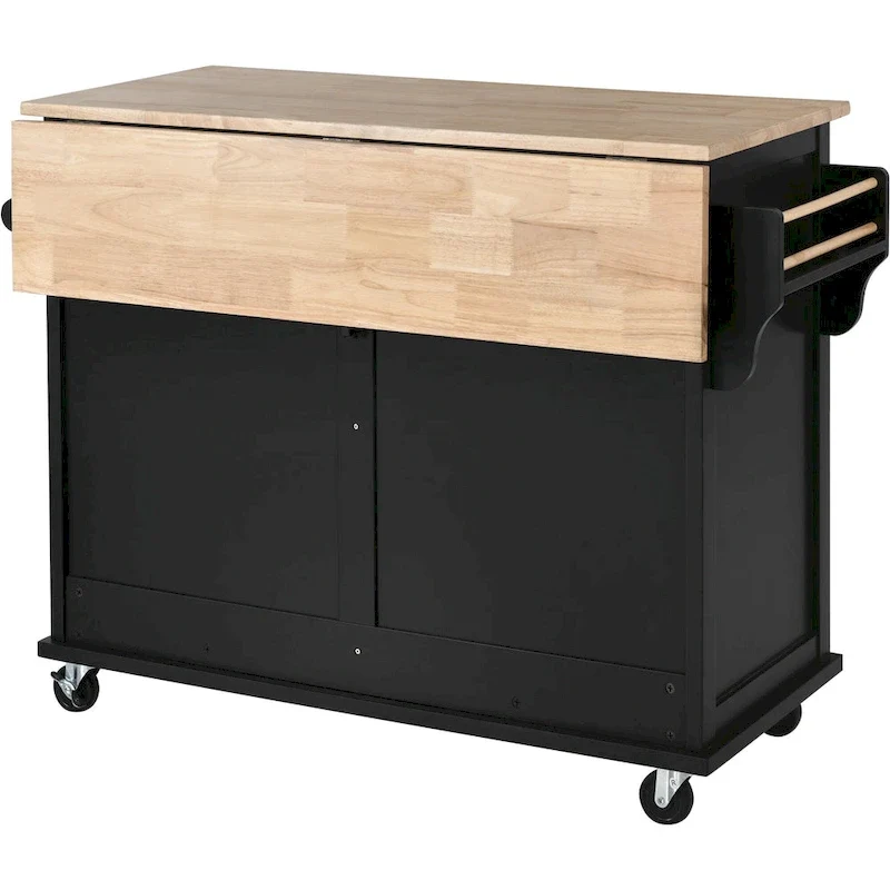 Kitchen Cart with Rubber wood Drop-Leaf Countertop, Concealed sliding barn door adjustable height