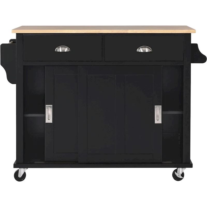 Kitchen Cart with Rubber wood Drop-Leaf Countertop, Concealed sliding barn door adjustable height
