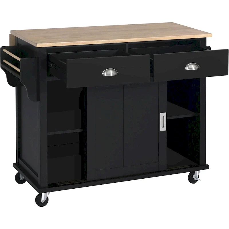 Kitchen Cart with Rubber wood Drop-Leaf Countertop, Concealed sliding barn door adjustable height