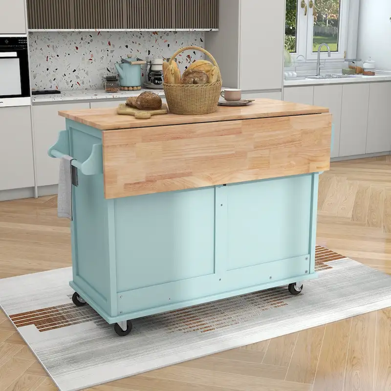 Kitchen Cart with Rubber wood Drop-Leaf Countertop, Concealed sliding barn door adjustable height