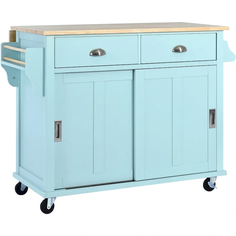 Kitchen Cart with Rubber wood Drop-Leaf Countertop, Concealed sliding barn door adjustable height