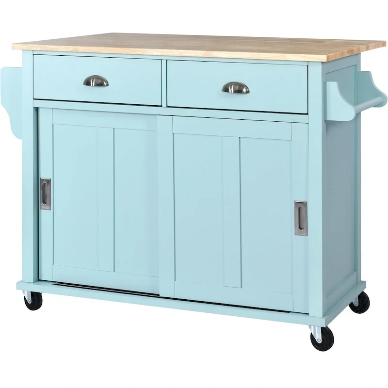 Kitchen Cart with Rubber wood Drop-Leaf Countertop, Concealed sliding barn door adjustable height