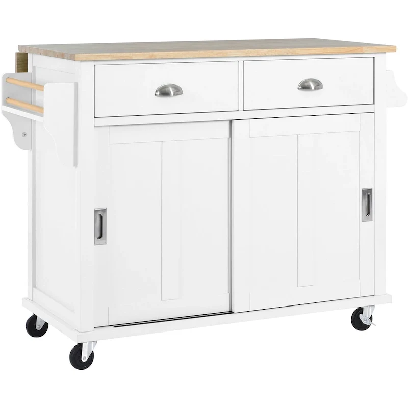 Kitchen Cart with Rubber wood Drop-Leaf Countertop, Concealed sliding barn door adjustable height