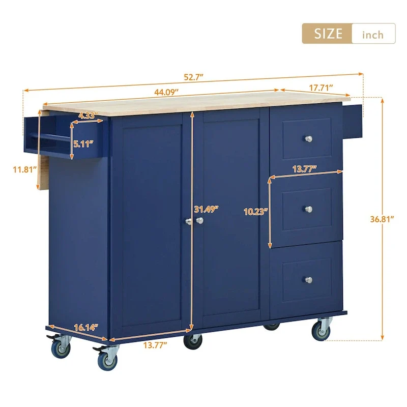 Rolling Mobile Kitchen Island with Locking Wheels Storage Cabinet - 52.76 x 29.5 x 36.81 inches
