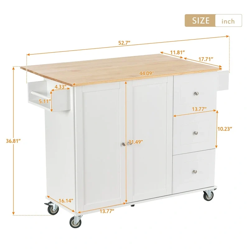 Rolling Mobile Kitchen Island with Locking Wheels Storage Cabinet - 52.76 x 29.5 x 36.81 inches