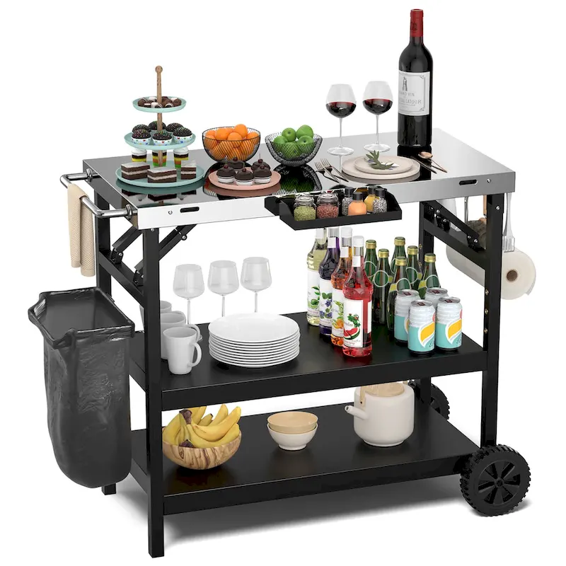 Gymax 3-Shelf Movable Grill Cart Table Home & Outdoor Multifunctional