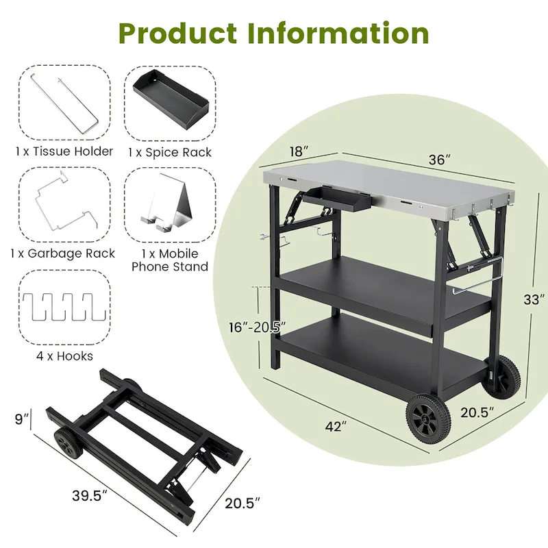 Gymax 3-Shelf Movable Grill Cart Table Home & Outdoor Multifunctional