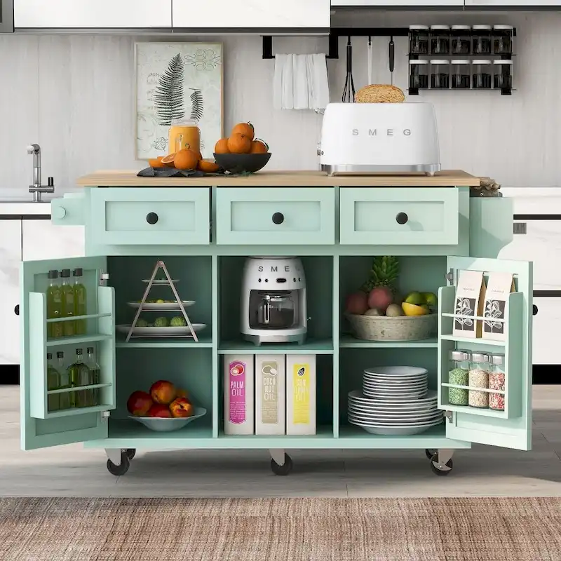 Kitchen Cart with Rubber Wood Drop-Leaf Counter Top
