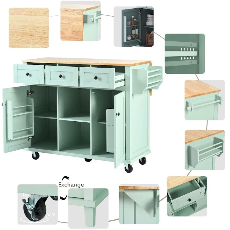 Kitchen Cart with Rubber Wood Drop-Leaf Counter Top