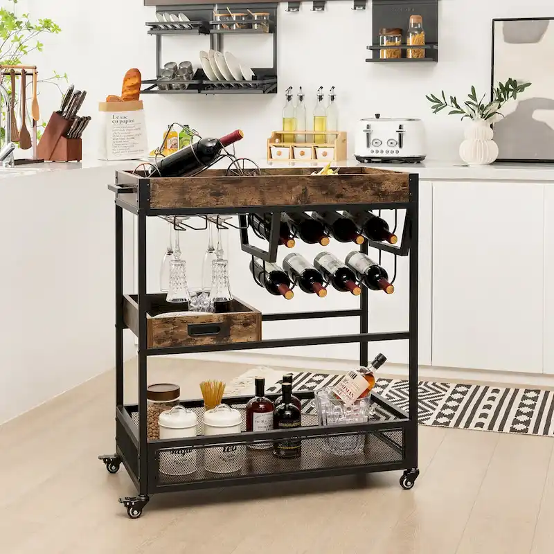 Gymax Rolling Bar Cart 3-Tier Industrial Buffet Serving Trolley w/