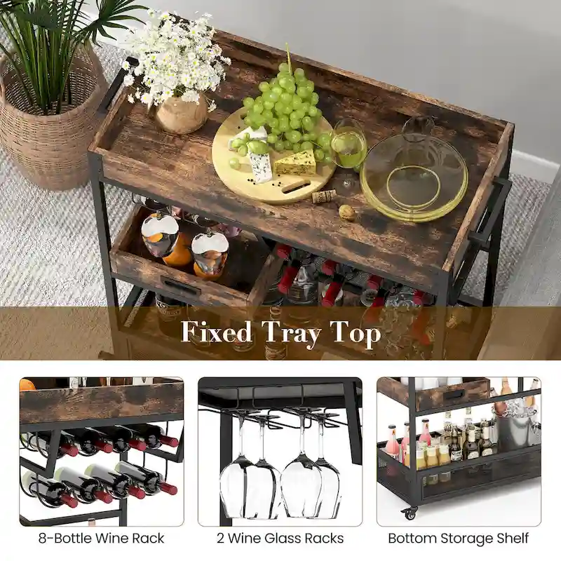 Gymax Rolling Bar Cart 3-Tier Industrial Buffet Serving Trolley w/