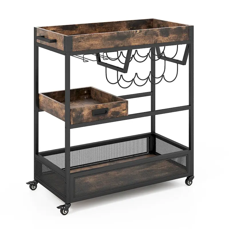 Gymax Rolling Bar Cart 3-Tier Industrial Buffet Serving Trolley w/