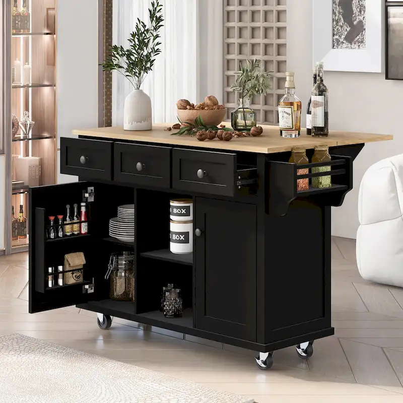 Kitchen Cart with Rubber wood Drop-Leaf Countertop