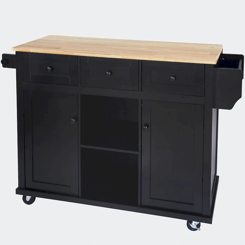 Kitchen Cart with Rubber wood Drop-Leaf Countertop