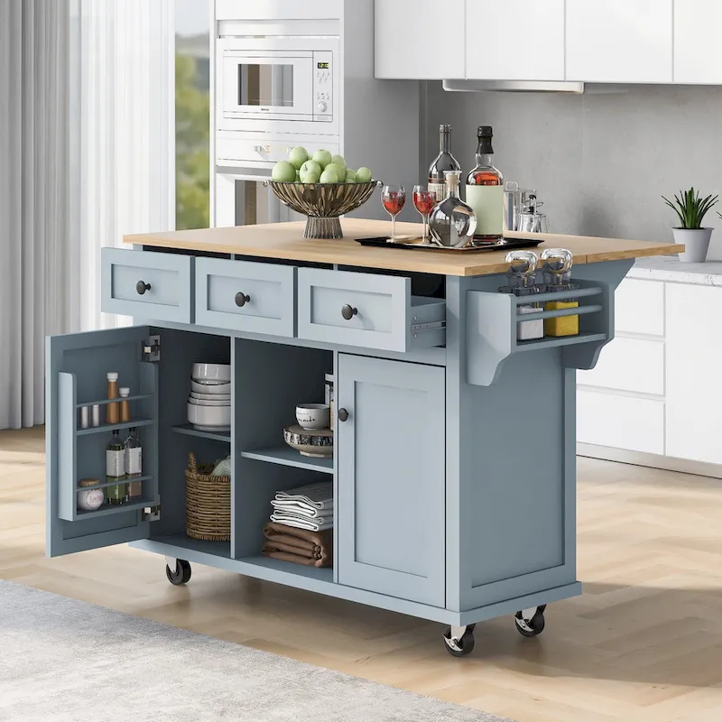 Kitchen Cart with Rubber wood Drop-Leaf Countertop