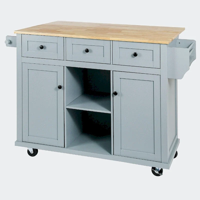 Kitchen Cart with Rubber wood Drop-Leaf Countertop