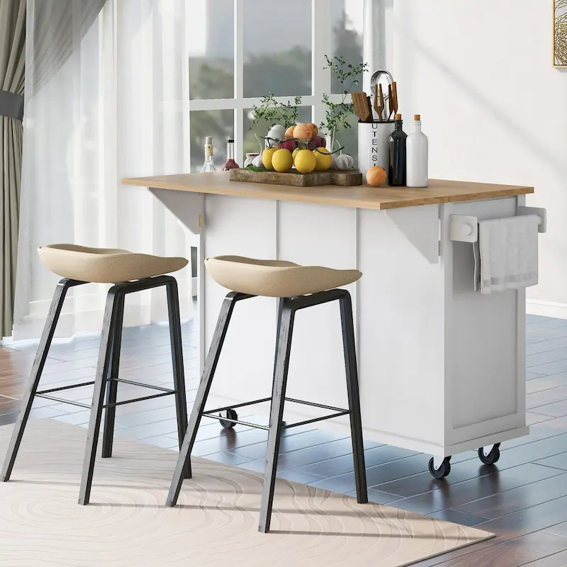 Kitchen Cart with Rubber wood Drop-Leaf Countertop