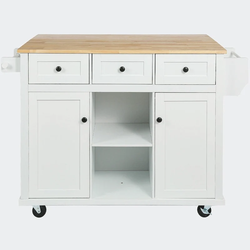 Kitchen Cart with Rubber wood Drop-Leaf Countertop