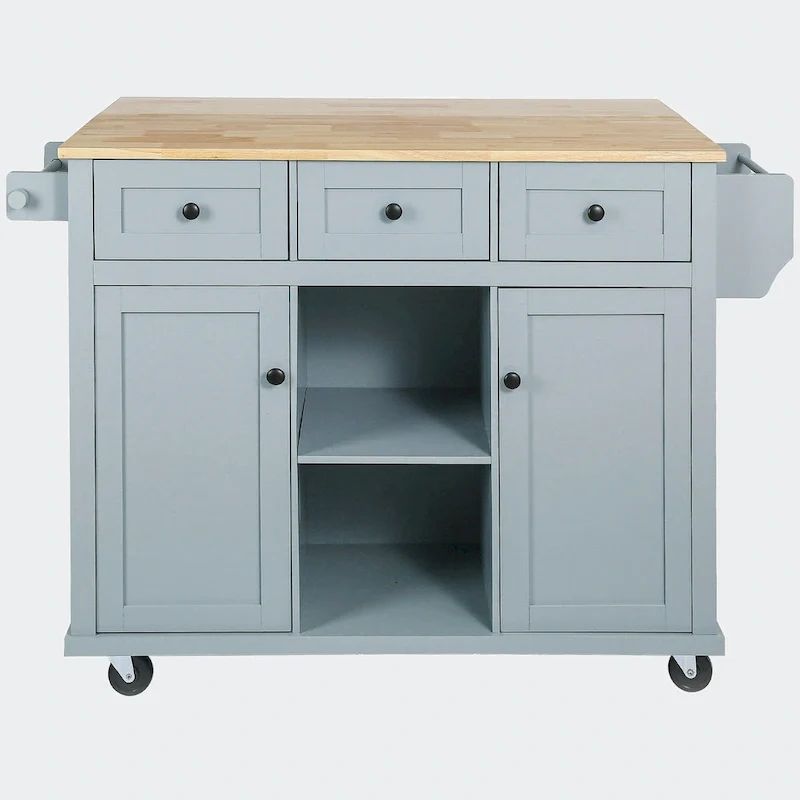 Kitchen Cart with Rubber wood Drop-Leaf Countertop