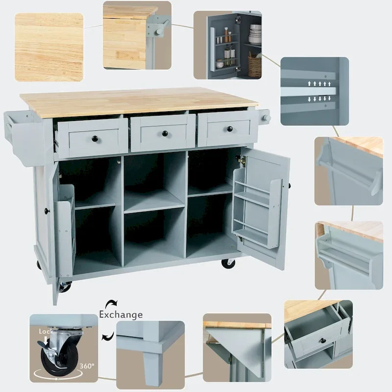 Kitchen Cart with Rubber wood Drop-Leaf Countertop