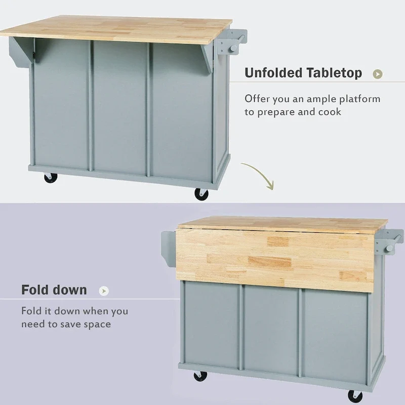 Kitchen Cart with Rubber wood Drop-Leaf Countertop