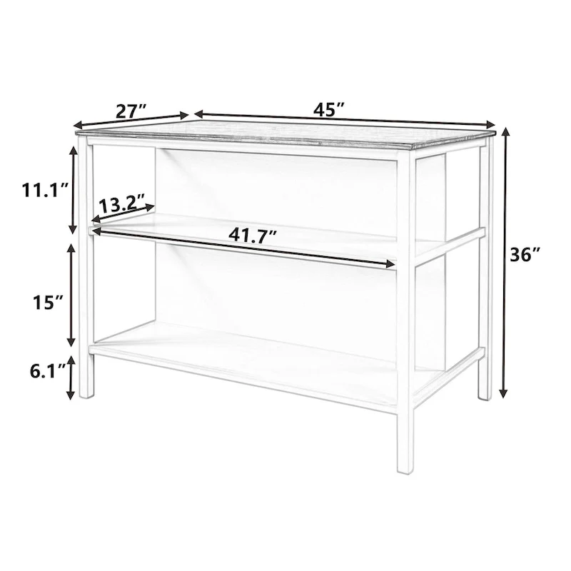 Solid Wood Rustic 45 Stationary Kitchen Island, Rubber Wood Butcher Block Dining Table Prep Table with 2 Open Shelves