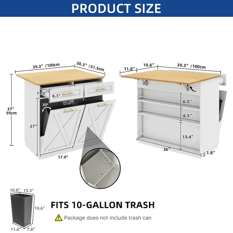 Moasis Kitchen Island Drop Leaf Double Tilt Out Trash Cabinet with Power Outlet & Wheels