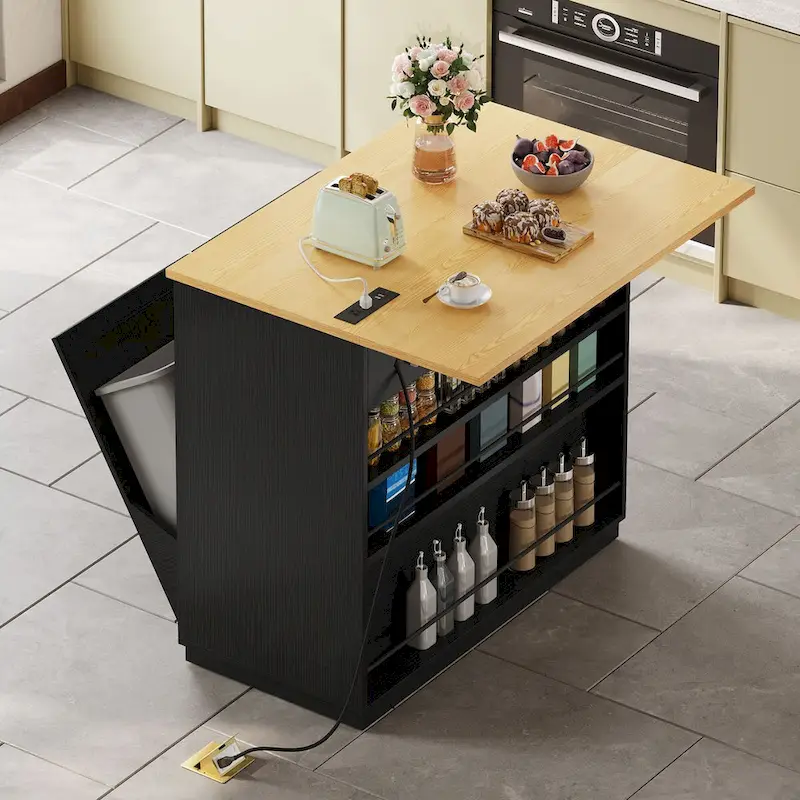 Moasis Kitchen Island Drop Leaf Double Tilt Out Trash Cabinet with Power Outlet & Wheels