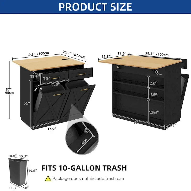 Moasis Kitchen Island Drop Leaf Double Tilt Out Trash Cabinet with Power Outlet & Wheels