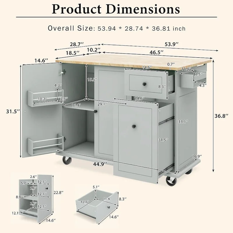 53.9 W Modern Versatile Kitchen Island with Drop Leaf and 3 Drawer Cabinets
