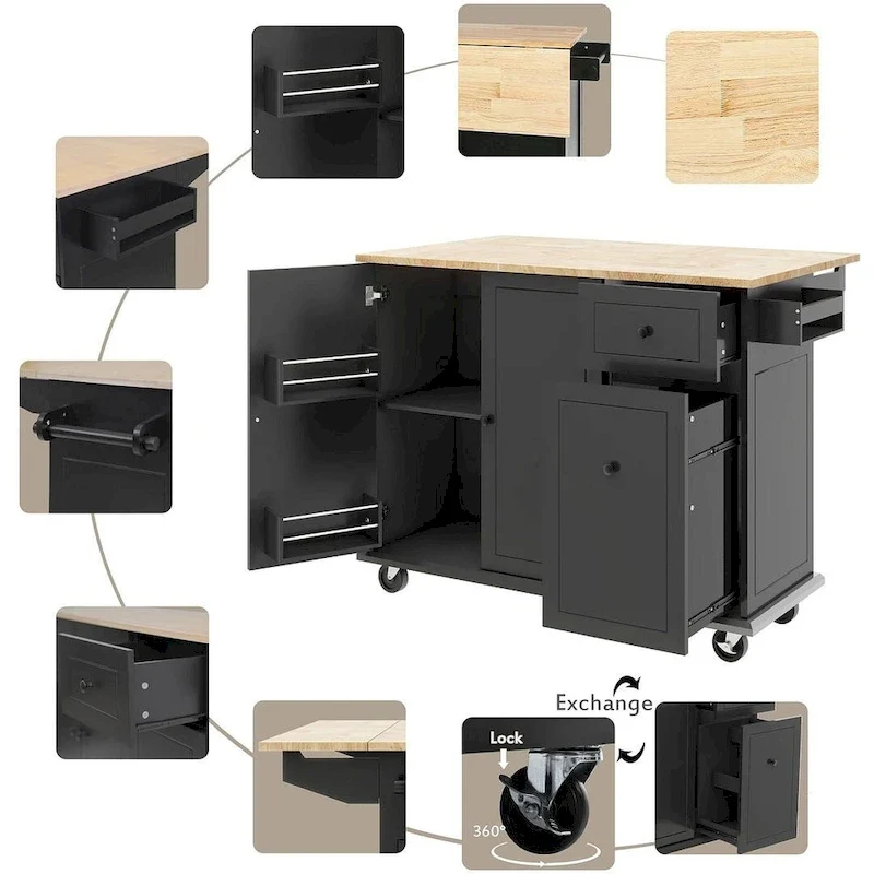 53.9 W Modern Versatile Kitchen Island with Drop Leaf and 3 Drawer Cabinets