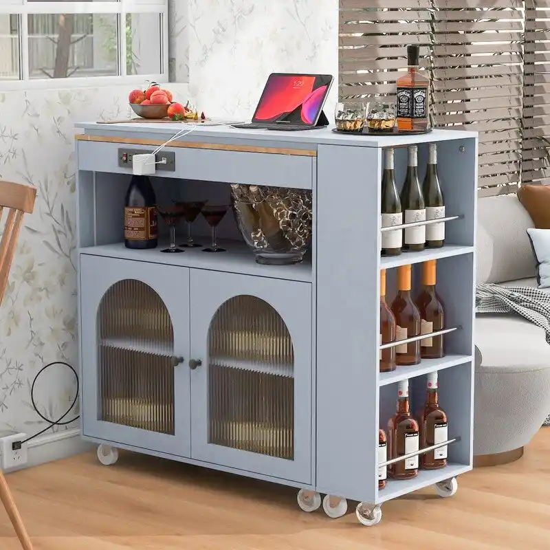 Rolling Kitchen Island With Extended Table,with LED Lights,Glass Doors